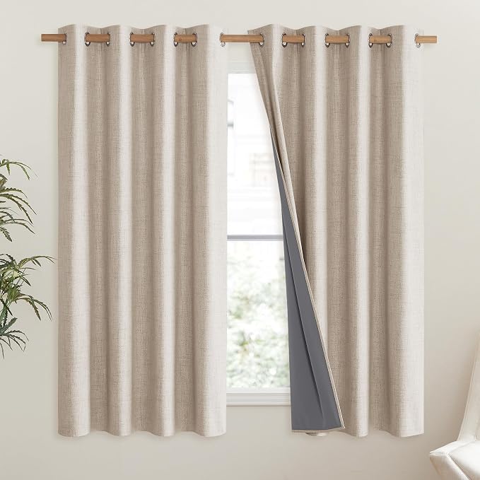NICETOWN Cream 100% Blackout Linen Curtains 45 inch Long Burg - Image 2