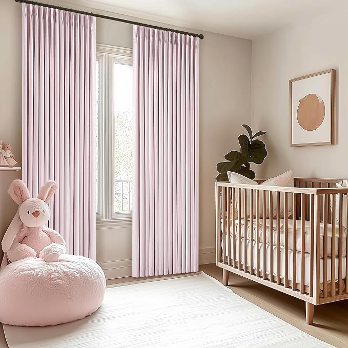Light Pink 100% Black Out Pinch Pleat Linen 108 Inch Curtains | Black Out - Image 7