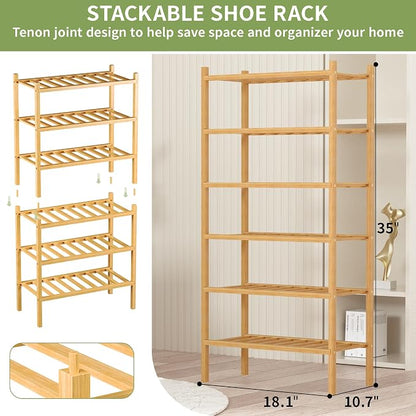 ROMGUAR CRAFT 6-Tier Bamboo Small Shoe Rack, Free Standing Wood Shoe Shelf - Image 3