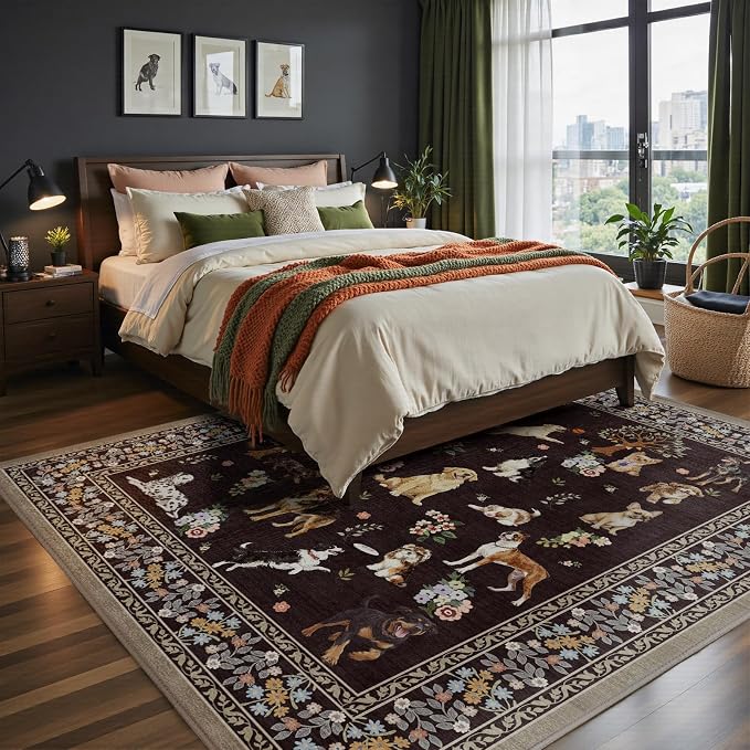 Black Floral Area Rug 9x12 for Living Room Bedroom | Low Pile; Non Slip;Machine - Image 6
