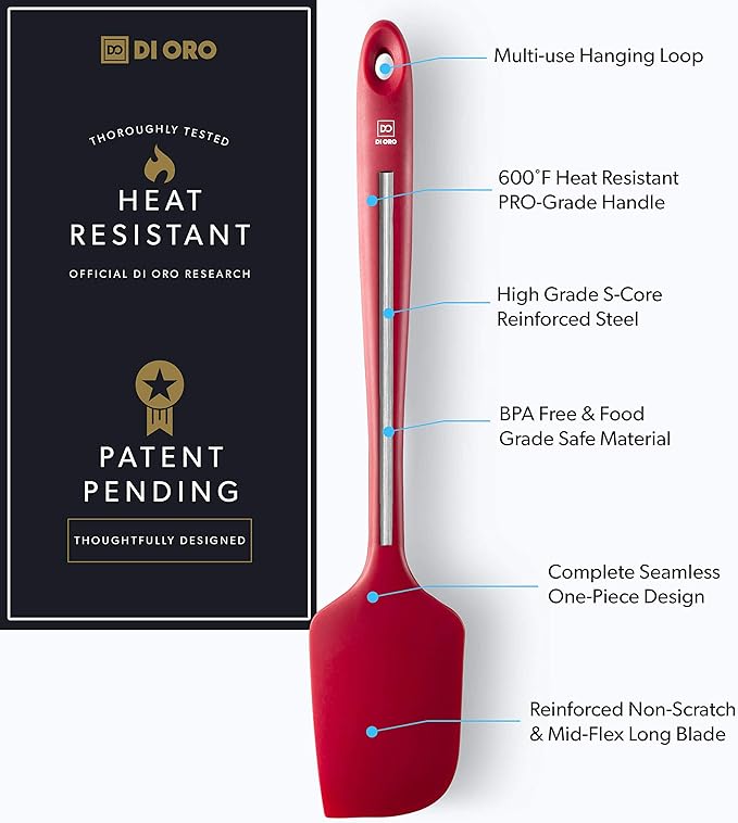 DI ORO Seamless Series Pro 14 Inch Extra Large Silicone Spatula - 600°F Heat-Resistant Rubber Spatula - Great for Baking, Cooking, and Scraping - BPA Free and LFGB Certified Food Safe Silicone (Red)