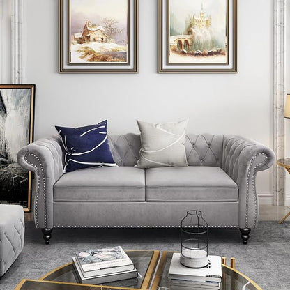 2 Piece Living Room Set, Velvet Chesterfield Sofa Loveseat Couch - Image 3