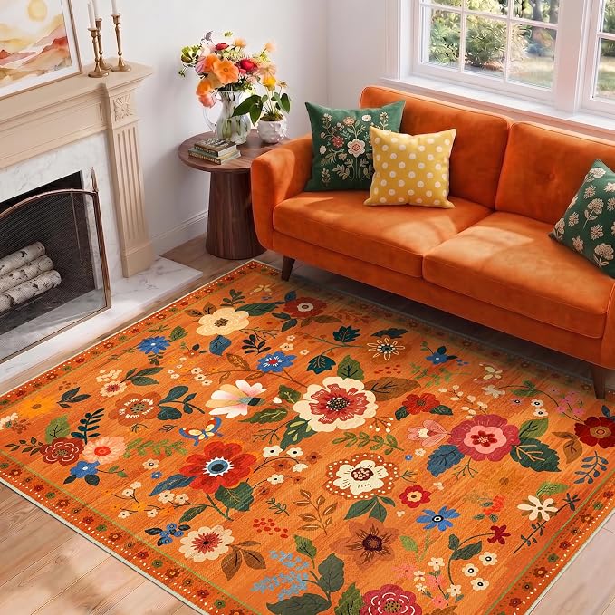 RELEANY Floral Washable 3x5 Area Rugs BurntOrange | Flower Carpet Print Boho - Image 8