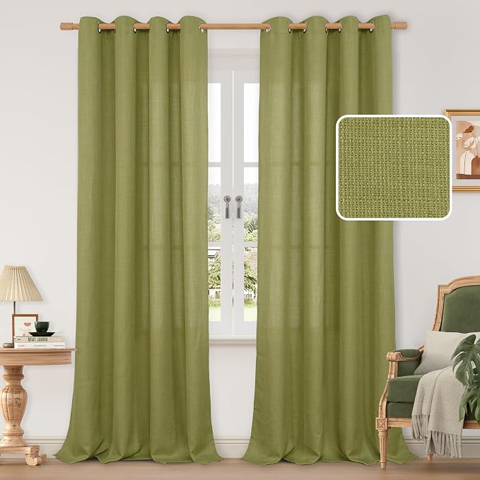 Moss Green Linen Curtains 90 Inch Long by LAMIT