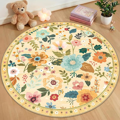 RELEANY Floral Washable Round 4ft Area Rug Ivory/Yellow | Flower Carpet Print by RELEANY