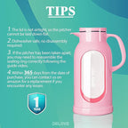 Delove 68 oz/2 Liter Glass Pitcher with Shatterproof Shell - Heat Resistant Glass Liner - Stainless Steel Lid - Carafe & Jug for Iced Tea,Hot/Cold Water,Homemade Juice Beverages (Pink)