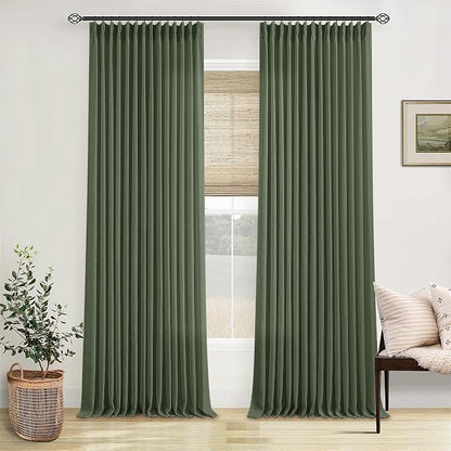 Olive Green Pinch Pleated Linen Semi Sheer Bedroom Curtains 92 Inches Long | - Image 9