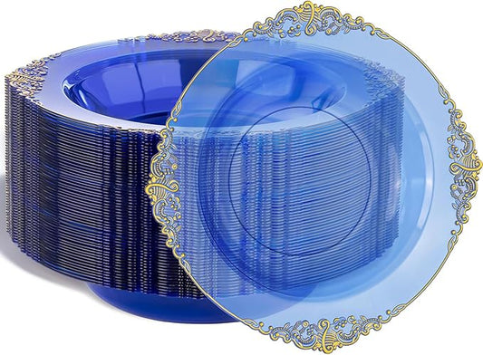 Nervure 50PCS Blue Plastic Bowls with Gold Rim - 12oz Disposable Soup Bowls, Heavy Duty Salad Dessert Bowl Perfect For Weddings, Father's Day and Everyday Use