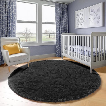 Black Round Area Rug 4ft, Soft Bedroom Circle Rugs Floor Mats - Image 7