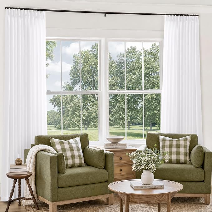 White Linen Pinch Pleated Curtains 105 Inches Long Semi Sheer Custom | Memory by DUKIYO