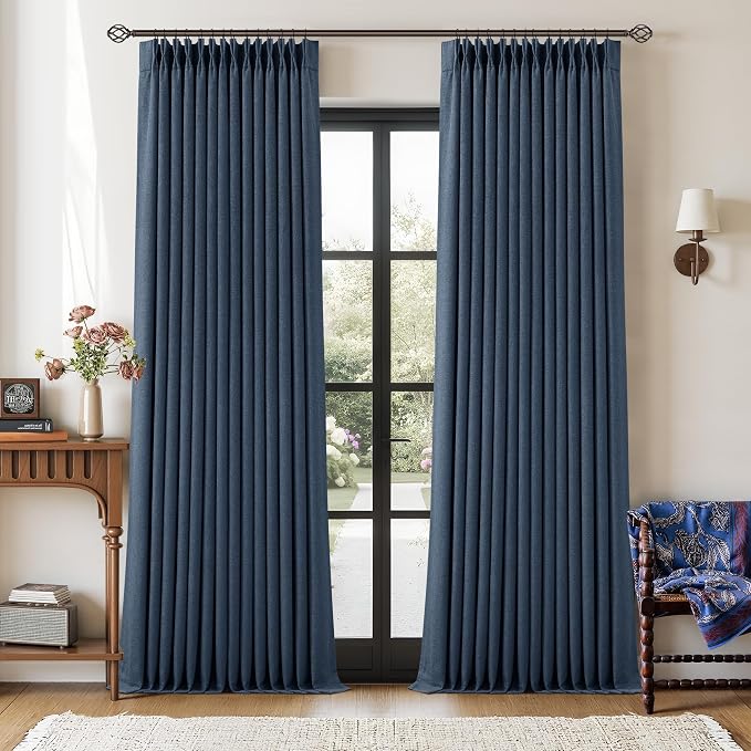 Navy Blue Linen Blackout Pinch Pleated Double Layer Curtains 90 Inches Long | by Twodrapes