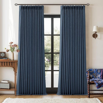 Navy Blue Linen Blackout Pinch Pleated Double Layer Curtains 90 Inches Long | by Twodrapes