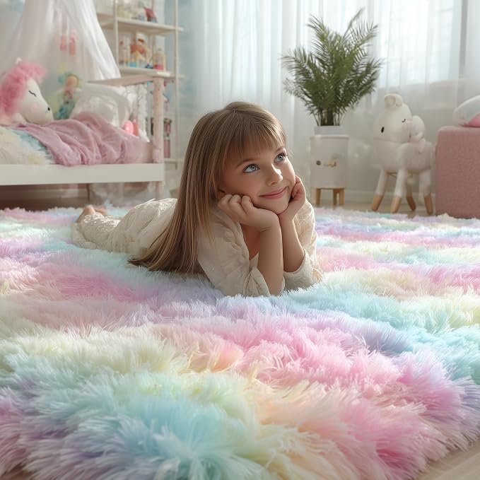 Rainbow Rugs 6x9, Large Fluffy Soft Carpet, Plush Shaggy Rugs - Image 2