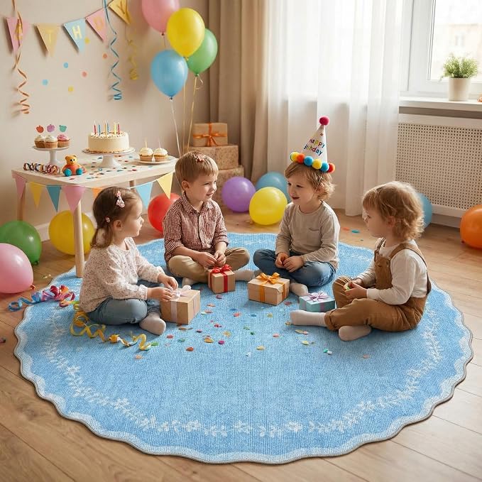 GarveeHome Large Round Rug 8ft Scalloped Washable Circle Living Room Rug | Soft - Image 2