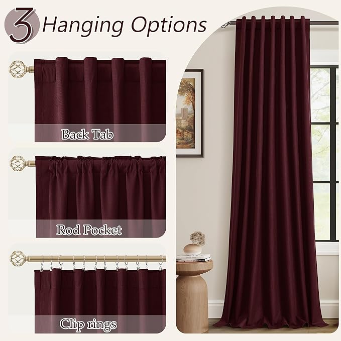 Burgundy 100% Blackout Linen Curtains 102 Inch Length 2 Panels Set - Image 6