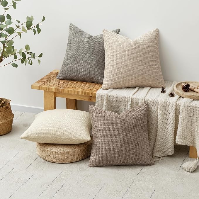 MIULEE Decorative Chenille Pillow Covers Neutral Beige 22x22 Pack of 4 | Modern - Image 4