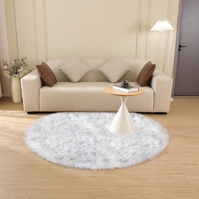 ORINOVA White and Grey Round Shag Rug 4ft Faux Sheepskin Fur Rugs - Image 7