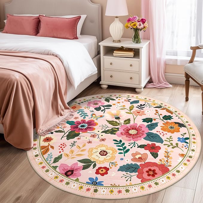 RELEANY Floral Washable Round 8ft Area Rug Pink | Flower Carpet Print Boho Cute - Image 2