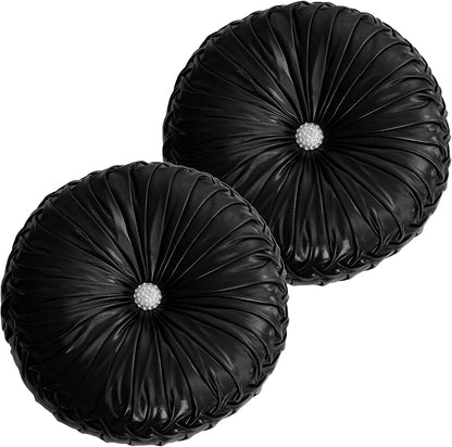 HIG Set of 2 Black Metallic Leather Decorative Round Pleated Throw Pillows | - Image 2