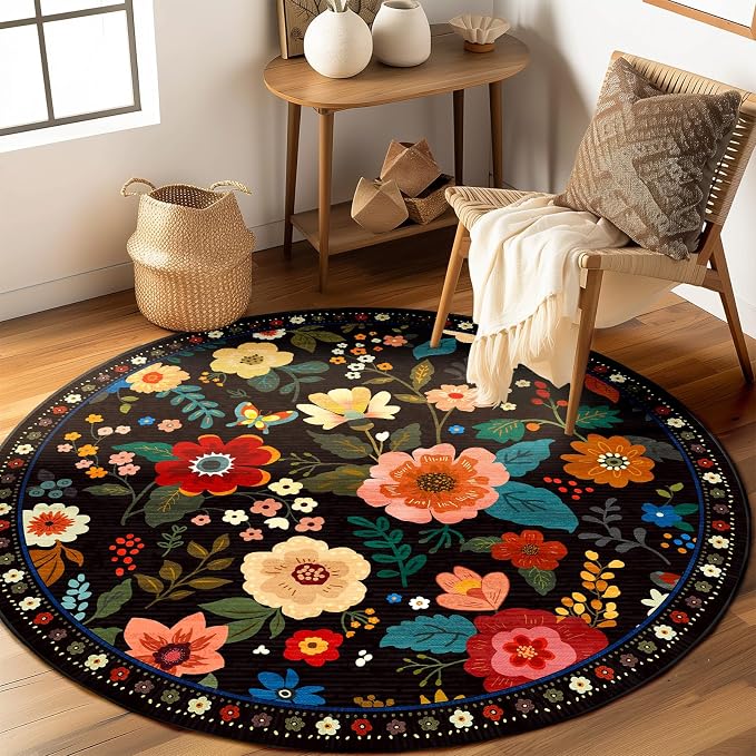 RELEANY Floral Washable Round 6ft Area Rug Black | Flower Carpet Print Boho by RELEANY