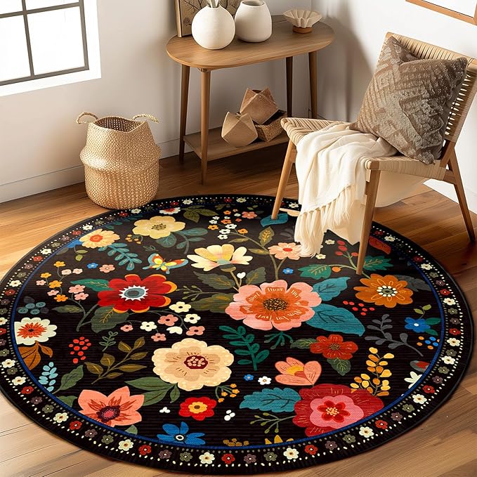 RELEANY Floral Washable Round 4ft Area Rug Black | Flower Carpet Print Boho - Image 2