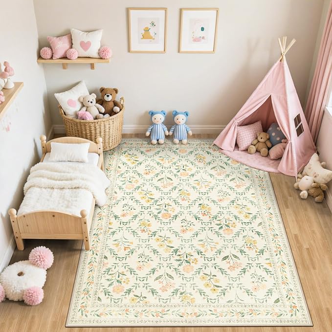 PLHXFR Area Rug Living Room: 4x6 Floral Washable Boho Carpet Beige Multi | - Image 5