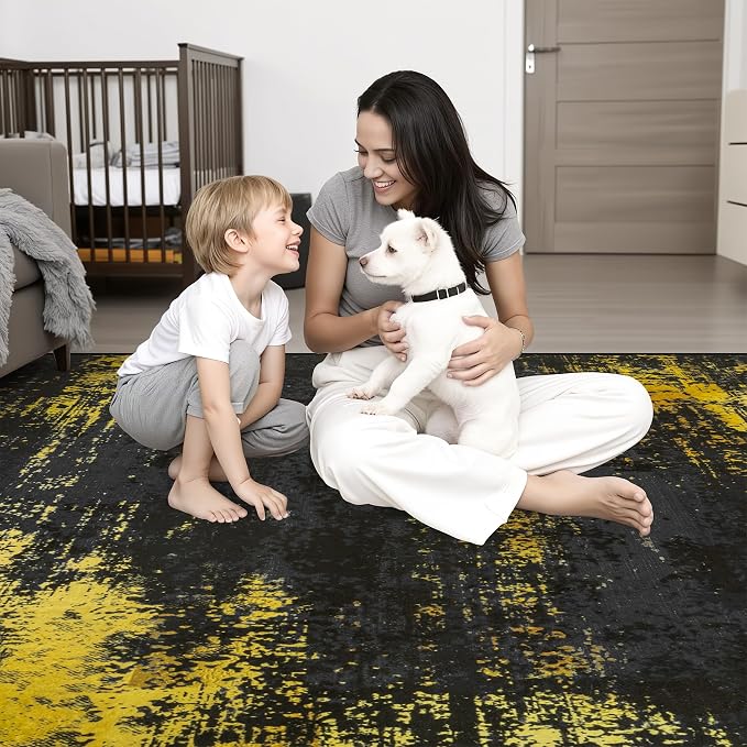 5x7 Area Rug Living Room: Modern Washable Soft Carpet Black Gold | - Image 9