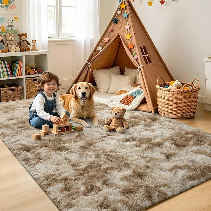 6x9 Large Tie-Dyed Beige Fluffy Area Rug Non-Slip - Image 4