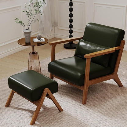 Accent Chair and Ottoman Set, Mid-Century Modern Faux Leather Upholstered by LOVSPATIOFURNITURE