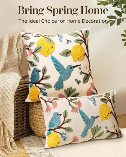 Embroidered Throw Pillow Cover 20x20 Inch, Bird Lemon | Decorative Pillow Cover - Image 5