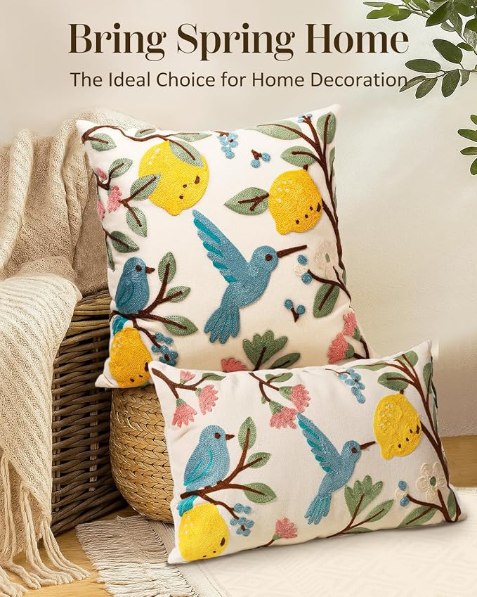Embroidered Lumbar Pillow Cover 20x12 Inch, Bird Lemon | Decorative Throw - Image 5