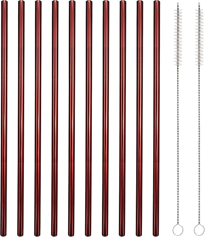 10 Pcs Stainless Steel Straws, Reusable Drinking Straws, Straight Metal Straw Sets with 2 Pcs Cleaning Brushes (10.5 Inch, Red)