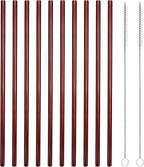 10 Pcs Stainless Steel Straws, Reusable Drinking Straws, Straight Metal Straw Sets with 2 Pcs Cleaning Brushes (10.5 Inch, Red)