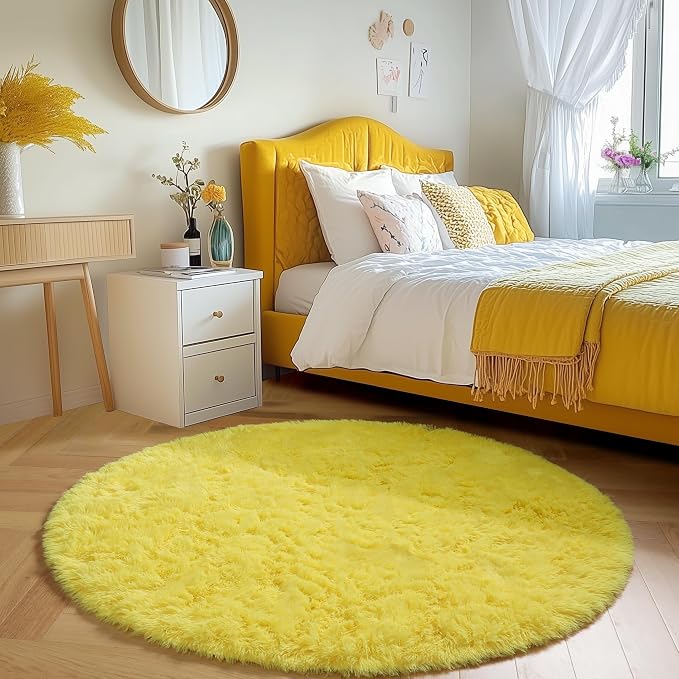 Amdrebio Yellow Fluffy Round Area Rug 5Ft - Image 3