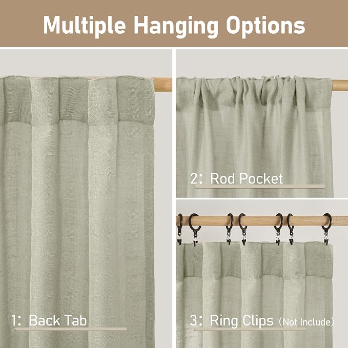 Sage Grey Linen Boho Curtains 78 inch Length 2 Panels, 52 x 78 Inch | Faux - Image 3
