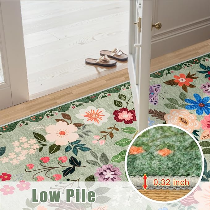 PLHXFR Area Rug 9x12 Living Room: Floral Washable Boho Soft Carpet Green | - Image 8