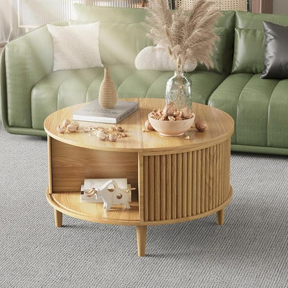 Round Coffee Table with Storage, Fluted Lift Top Coffee Table - Image 7