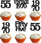 Gyufise 24Pcs Vintage 1970 Cupcake Toppers Glitter Cheers to 55 Fabulous Fifty Five Cupcake Picks 55th Birthday Wedding Anniversary Party Cake Decorations Supplies Black