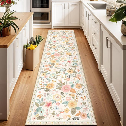 Floral Washable 2x6 Area Rugs Runner Entryway Hallway Beige/White/Orange | - Image 8