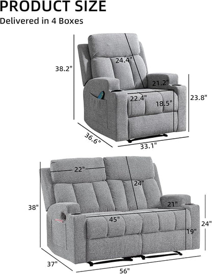 CANMOV Manual Recliner Sofa Set, Fabric Recliner Living Room Furniture Sets - Image 2