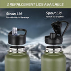 HASLE OUTFITTERS 32 oz Insulated Water Bottle Stainless Steel Double Walled Vacuum Sports Water Bottle with 2 Lids (Straw and Spout Lid) for Gym Camping Hiking（Army Green,1）