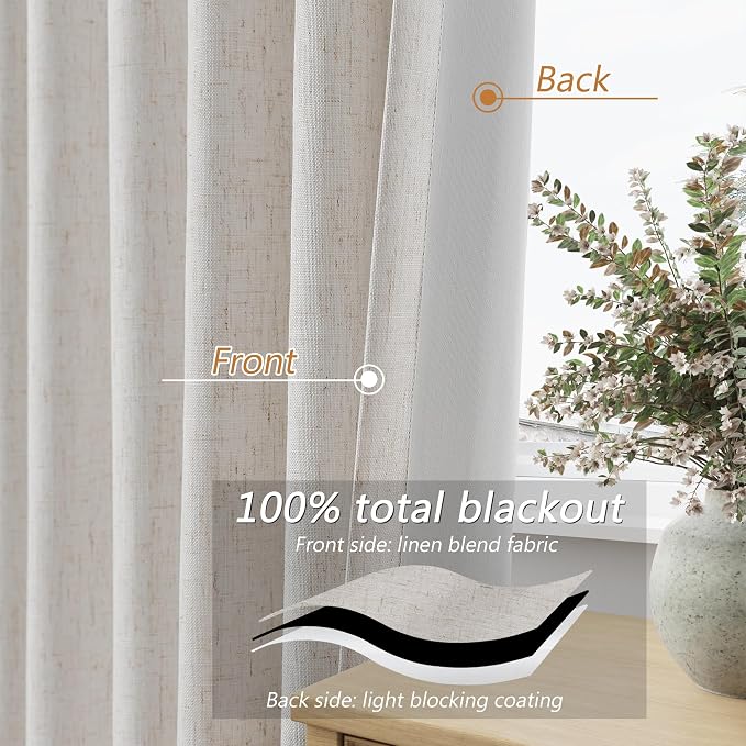 Light Beige Linen 100% Blackout Curtains 96 Inches Long Floor to Ceiling Drapes - Image 4