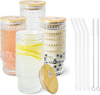 4 Pcs 11 oz Drinking Glasses Cups Set with Bamboo Lids Straws Brush Small Drinking Glassware Set for Juice Iced Coffee Cocktail Whiskey(Hobnail*4)