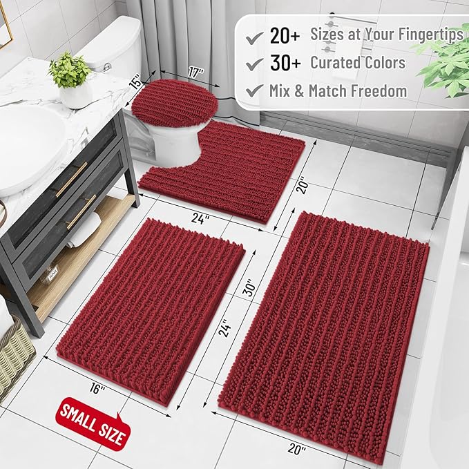 Arotive Luxury Chenille Bathroom Rug Mat, Extra Soft Thick Absorbent Shaggy Bath Rugs, Non-Slip Machine Wash Dry, Plush Bath Mats for Bathroom, Shower and Tub, 70x24, Red