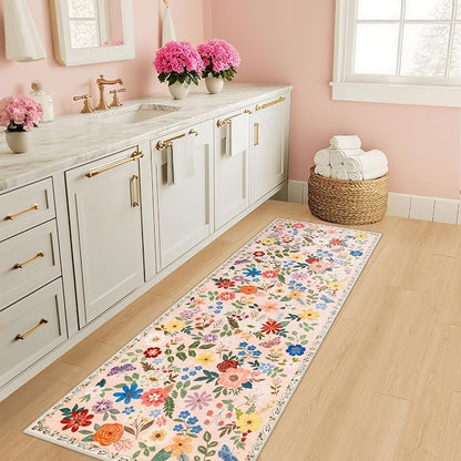 PLHXFR 2x6 Washable Runner Rug：Floral Indoor Kitchen Soft Carpet Beige | - Image 5