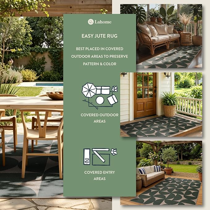 Lahome Green Easy Jute Front Porch Rug, 3x5 Semi Circle Outdoor Rug | Non Slip - Image 2