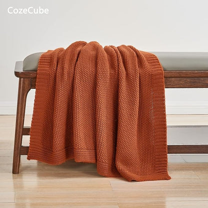 CozeCube Burnt Orange Seed Stitch Throw Blanket 60"x80", Farmhouse Decor | - Image 3