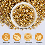 Twisweet Gold Pearl Star Rods Sprinkles for Cake Decorating, Edible Sugar Pearls for Baking, Mix Size Cake Topper Ice Cream Cupcake Cookie Dessert Decorations, Wedding Valentines Birthday Christmas Easter Mother's Day Supplies (130g/4.58oz)