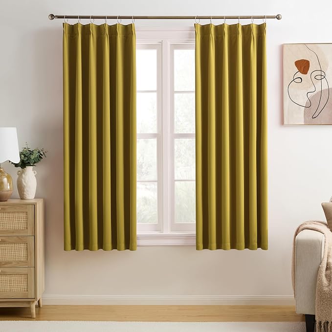 Yellow Pinch Pleated Curtains 63 Inch Length 2 Panels Set Noise Cancelling by KEQIAOSUOCAI