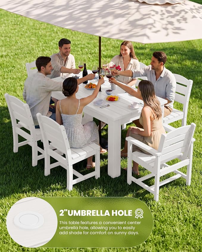 SERWALL HDPE Dining Set for 6: 1 Umbrella Hole Table, 4 Armless + 2 Armchairs. - Image 3
